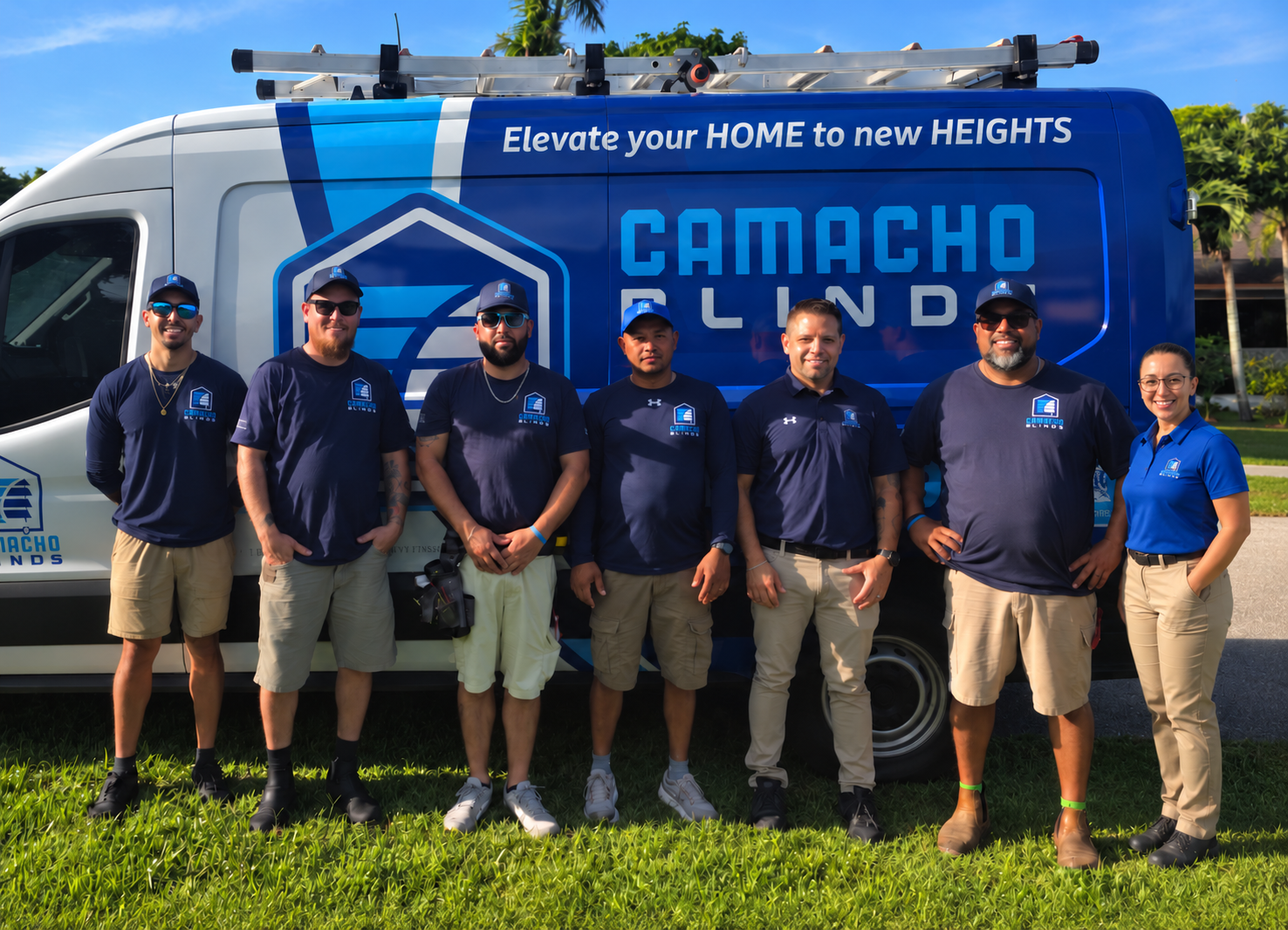 The Camacho Blinds team in front of a company van